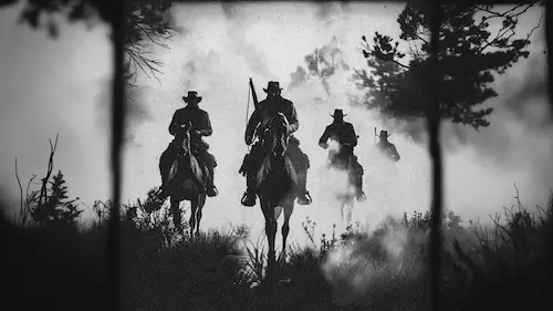 cowboys-chevaux-fumée-noir-blanc-cowboys-horses-smoke-black-white