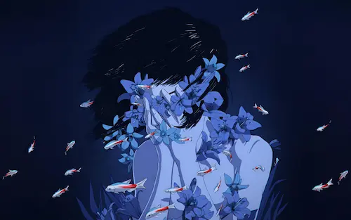 dessin-fille-fleurs-poissons-art-bleu-blue-drawing-girl-flowers-fish-art