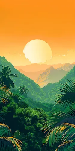 Sunset-jungle-mountain-orange-yellow-palmtrees