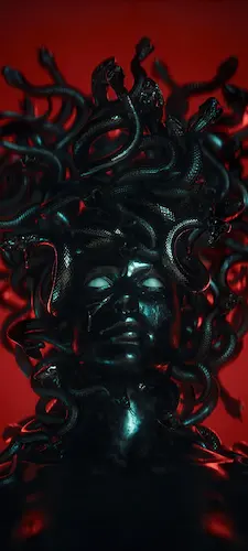 Medusa-tête-serpents-rouge-noir-sombre